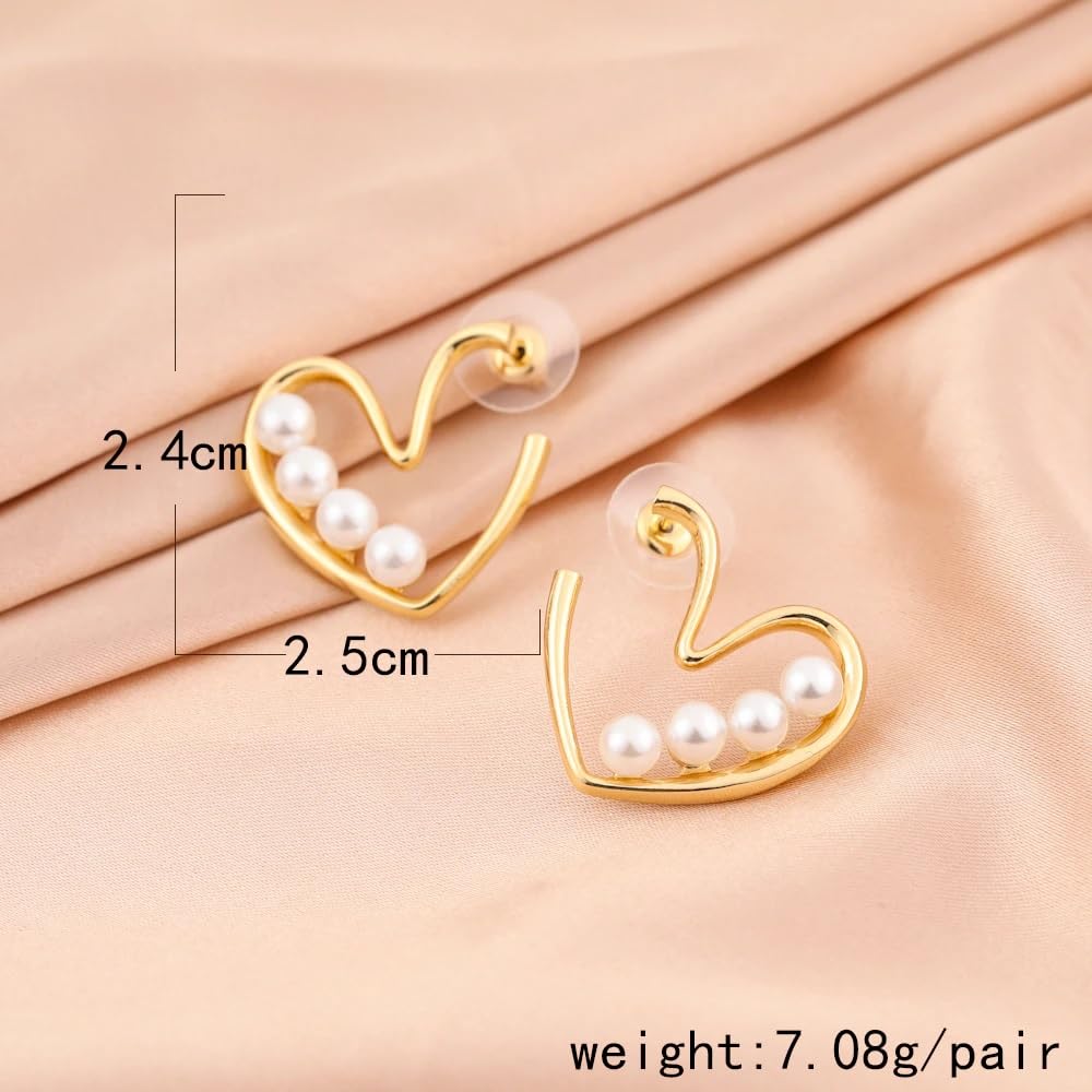 El Regalo Pearl Heart Ear Stud Earrings- Gold Pearl Studs Earrings Love Heart Earrings Jewelry for Women and Girls Gifts
