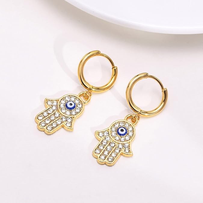 El Regalo 2 Pairs Evil Eye Hamsa Hand CZ Earrings for Girls/Women - Micro-inlaid Cubic Zirconia Evil Eye & Hamsa Hand of Fatima Earrings, Fashion Dangle Drop Earrings