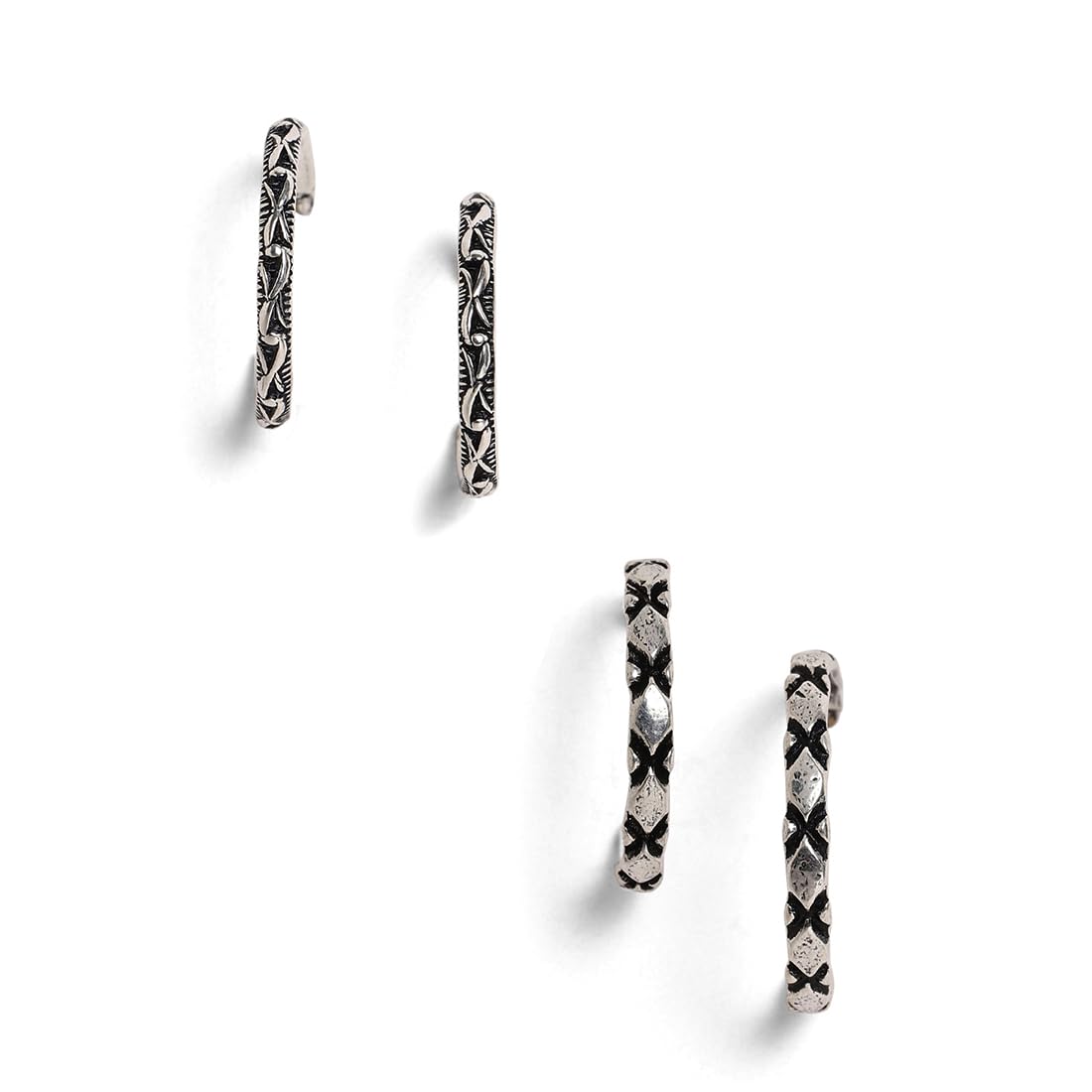 El Regalo 2 Pairs Tribal Oxidized Half Hoop Earrings, Huggie Earrings- Hammered Bohemian Oxidized German Silver Baali Earrings (Option-8)