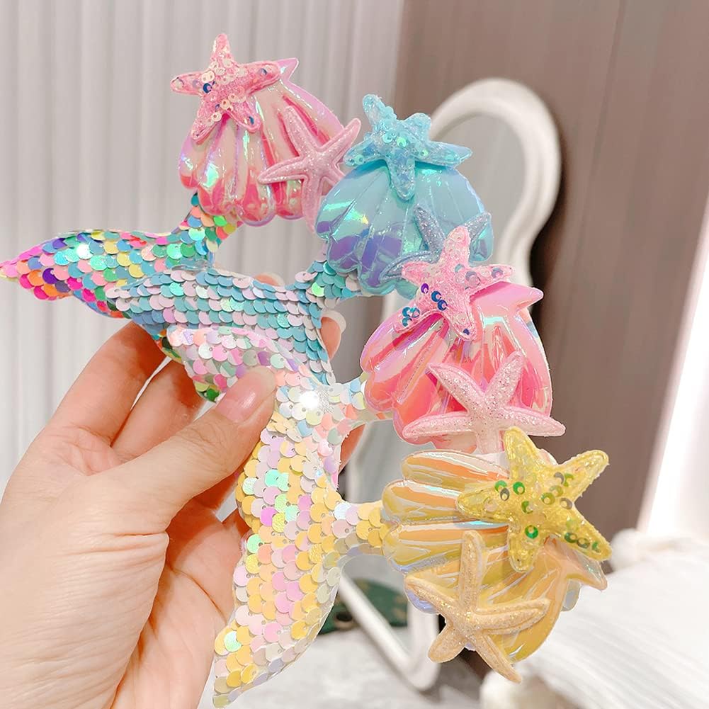 El Regalo 6 PCs Mermaid Hair Clips Glitter Reversible Sequin Bows Barrettes Set for Baby Girl Kids Teens & Women