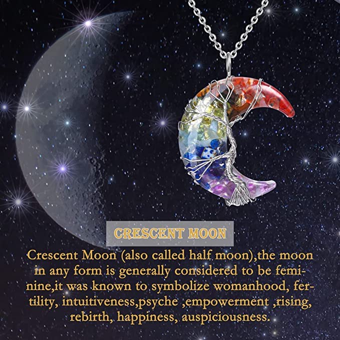 El Regalo Crescent Moon Wire Wrapped Tree of Life Stone Pendant Necklaces Natural Resin Quartz Gemstone Hippie Boho Jewelry for Girls Women (7 Chakra)