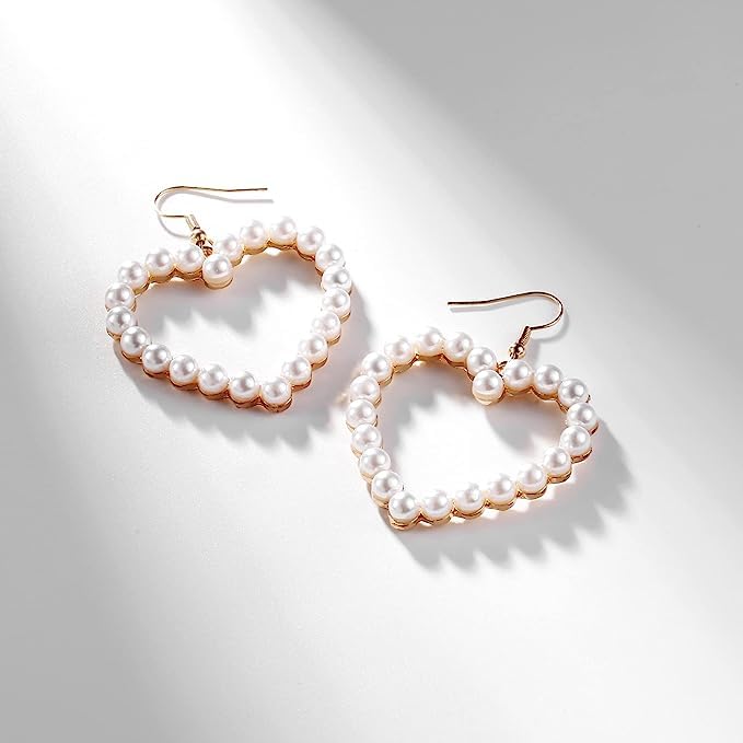 El Regalo Pearl Heart Drop Earrings - Love Heart Dangle Earrings For Girls/Women Pearl Heart Hoop Earrings
