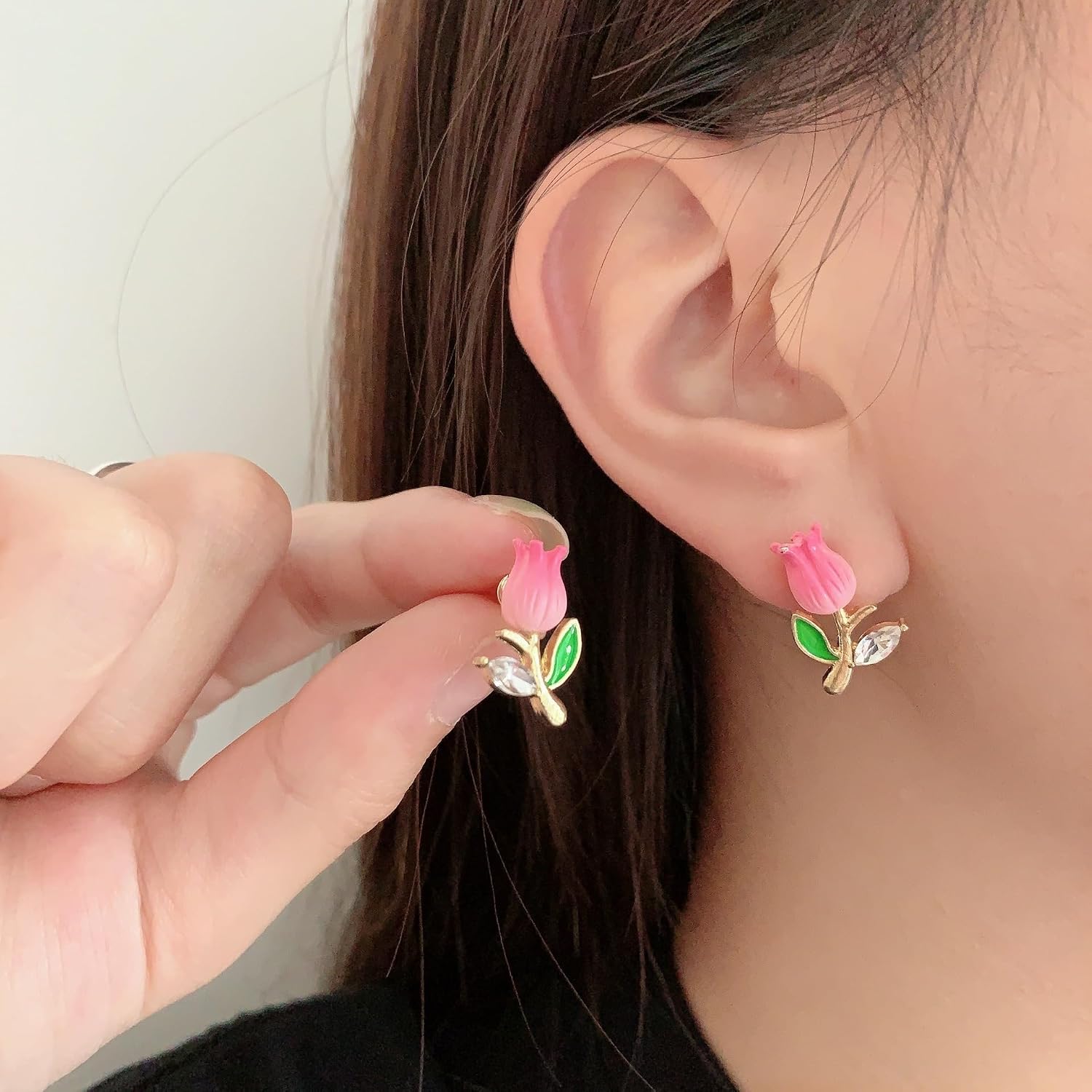 El Regalo Cute & Tiny Pink 3D Tulip Flower CZ Crystal Stud Earrings for Girls & Women