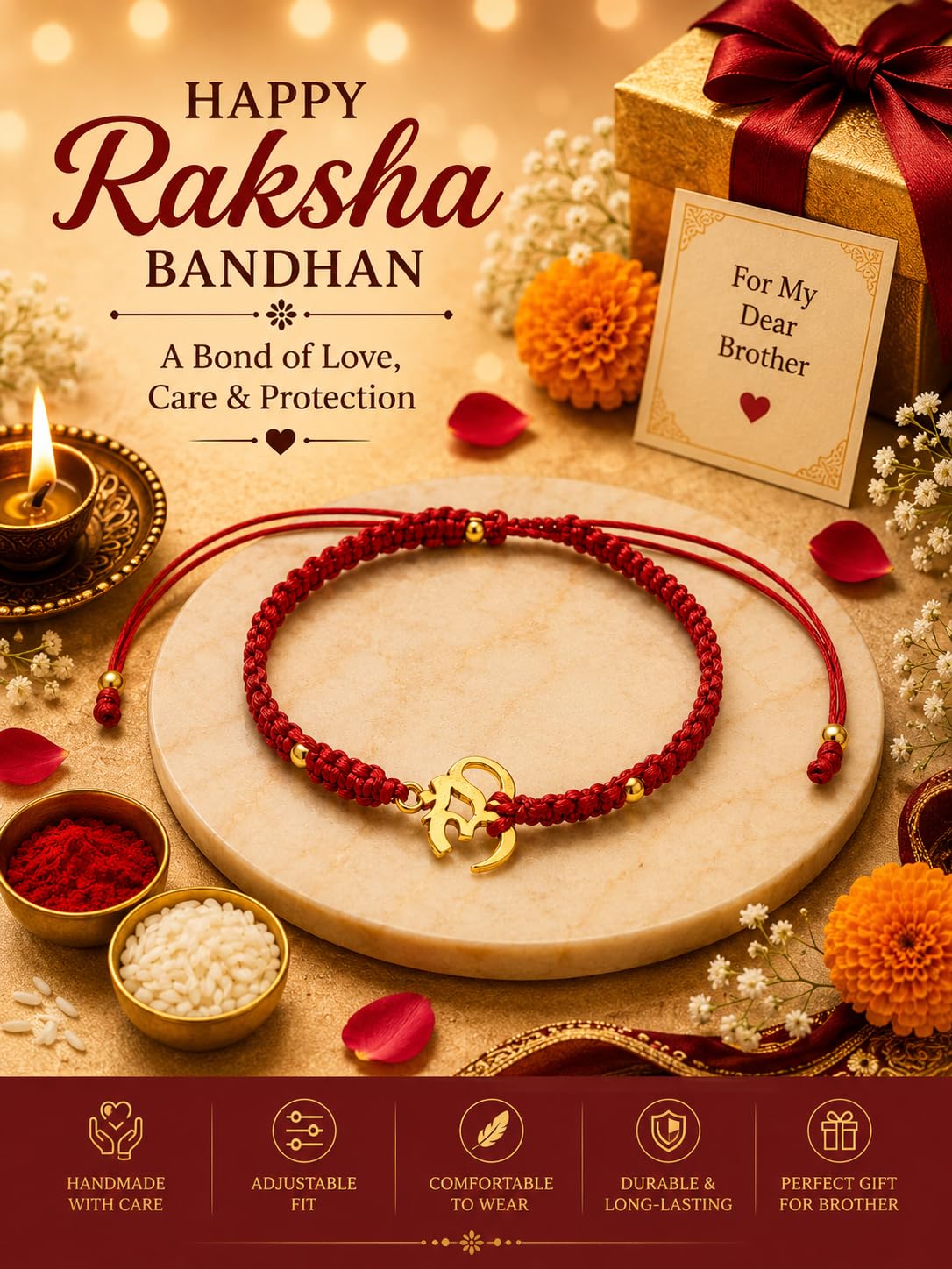 El Regalo OM Rakhi for Brother- Red Thread AUM Bracelet Rakhi for Bhai with Box & Roli Chawal (Gold OM)