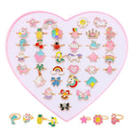 El Regalo 36 Pcs Adjustable Enamel Kids Rings - Unicorn, Rainbow, Strawberry, Flowers & More | No-Duplicate Dress-Up Jewelry Box for 4-12 Year Old Girls - Birthday, Christmas, Valentines