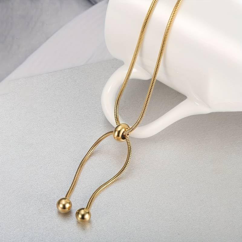 El Regalo Women's Stainless Steel Slider Tie Necklace- Anti-Tarnish/Waterproof Fashion Snake Chain Sliding Beads Necklace (Gold)