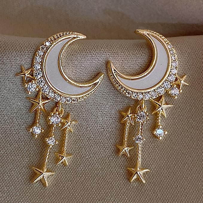 El Regalo Golden Moon, Pearl, Cat, Flower, Wings Dangle Earrings For Girls & Women- Temperament Pearl Cherry Cat Rhinestone Earring Girl Party Jewelry Gift (Moon Star Tassel Earrings)
