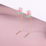 El Regalo Tulip Flower Threader Tassel Earrings for Women Teen Girls- Pink Flower Bud Dangling Chain Studs Earrings- Needle Thread Earrings