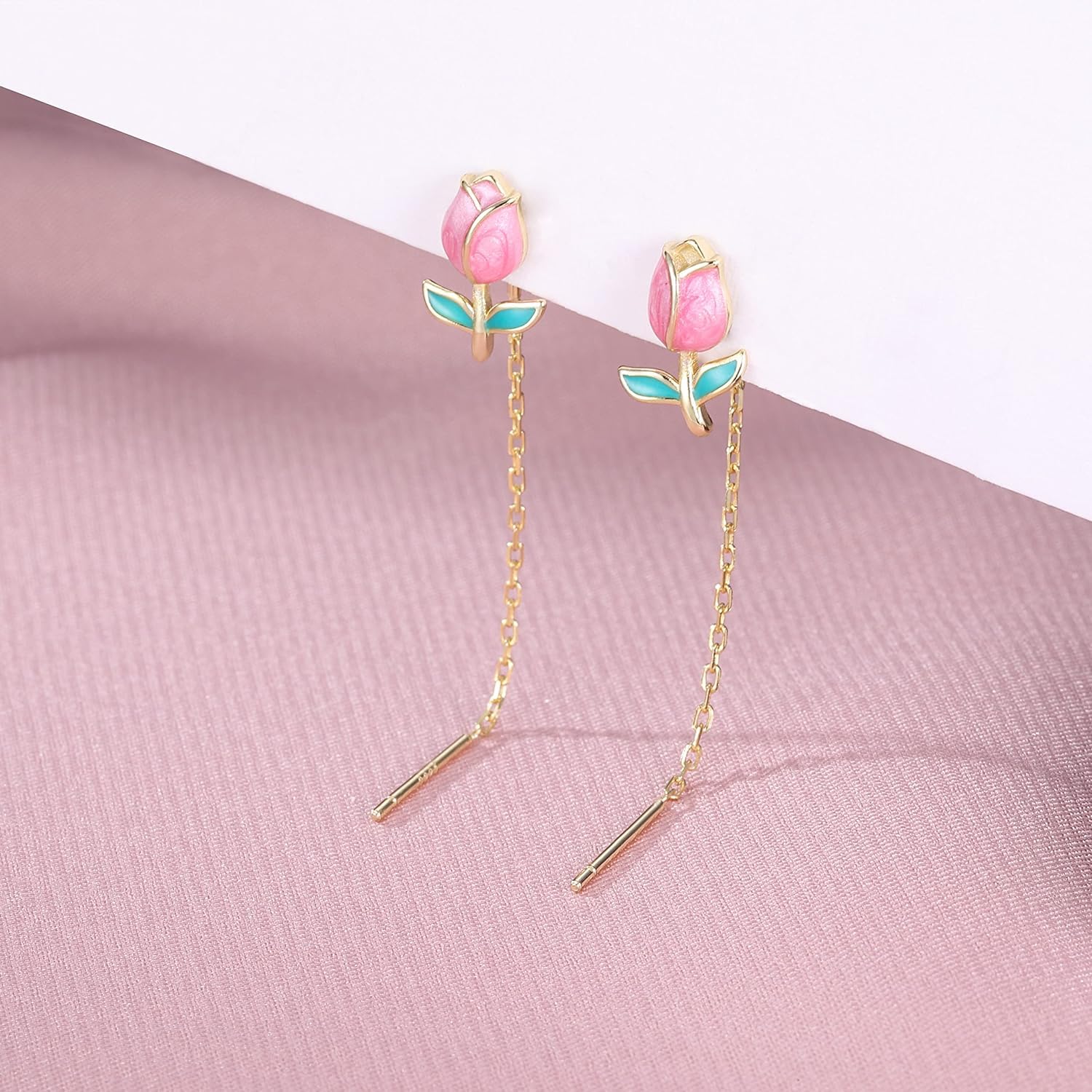 El Regalo Tulip Flower Threader Tassel Earrings for Women Teen Girls- Pink Flower Bud Dangling Chain Studs Earrings- Needle Thread Earrings