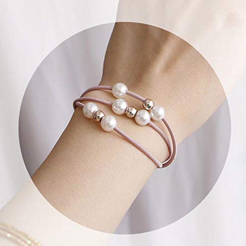 El Regalo Set of 5 Knotted Elastic Pearls Hair Ties Rubber Band Ponytail Holder for Girls/Kids/Women (3 Pearls Multi Layers Rubber bands)