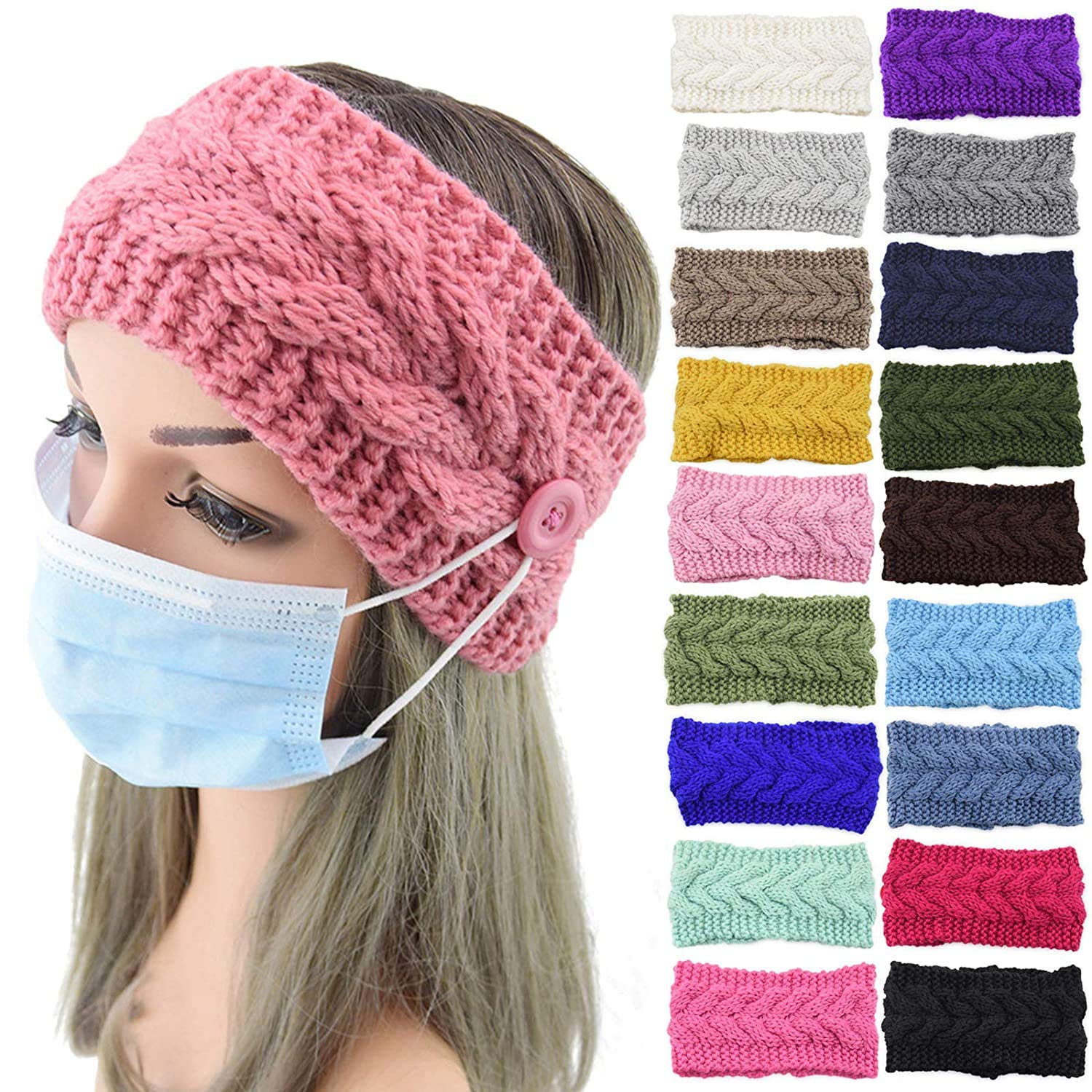 El Regalo 2 PCs Knitted Winter Woolen Warm Headband with Buttons for Face Mask Cover | Cold Weather Hair Accessories Head Wrap | Winter Headbands for Women & Men (Pack of 2) (Red & Pink)
