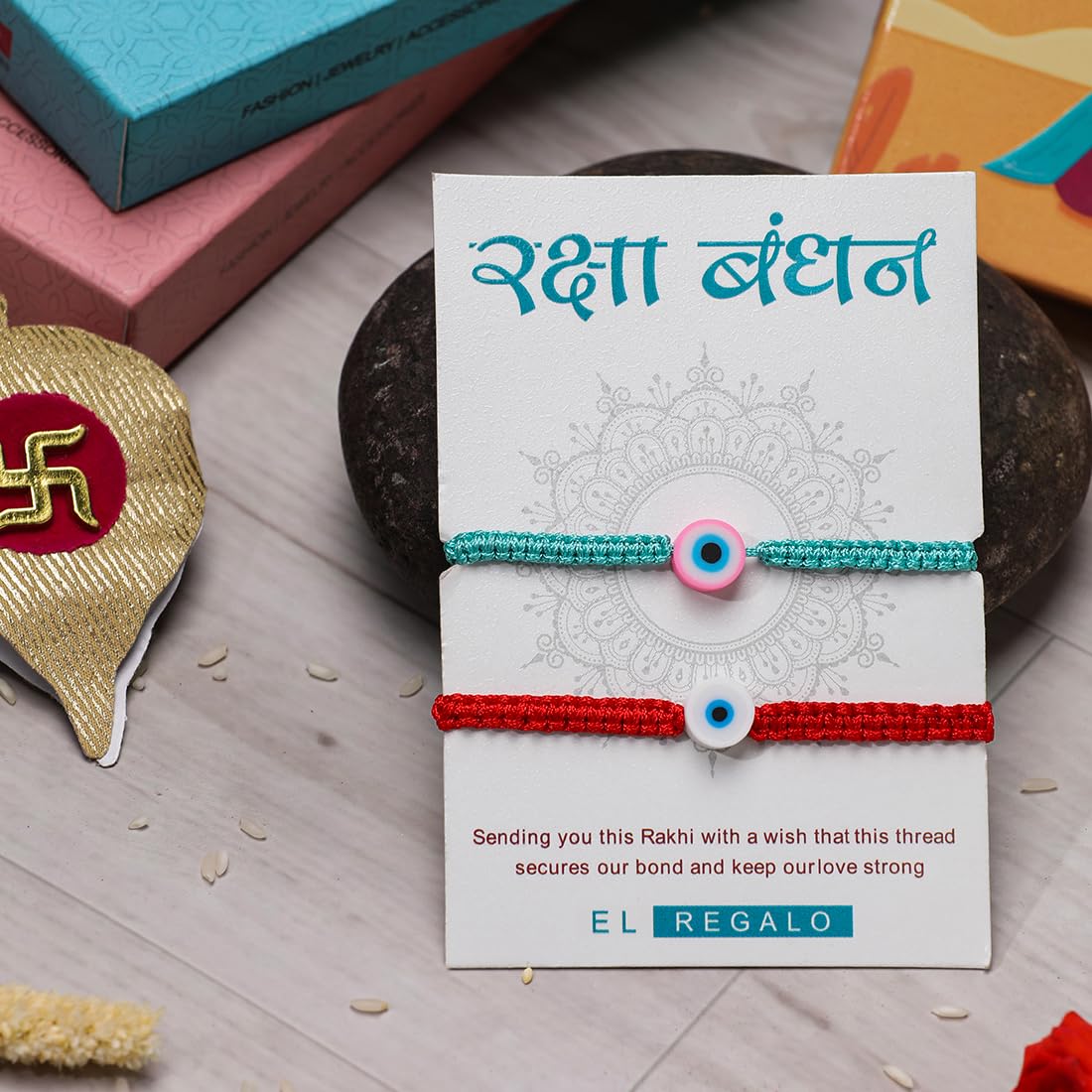 El Regalo 2PCs Rakhi Combo Set for Bhai-Bhabhi or Bhai-Bhatija/Bhatiji- 2 Evil Eye Rakhis Set with Roli Chanwal, Rakhi Card in Rakhi Gift Box (Option-4)