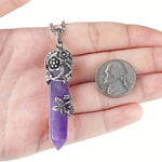 El Regalo 1PC Flower Wrapped Hexagonal Healing Natural Stones Point Pendant Unisex Necklace- Natural Stones Reiki Healing Crystals Necklace in Antique Silver Finish (Purple- Amethyst-Chain)
