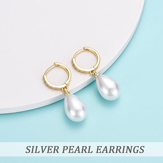 El Regalo Minimalist CZ Pearl Drop Earrings for Women | Korean Style Dangle Hoop Earrings | Gold & Silver Plated Cubic Zirconia Pearl Earrings | Elegant Daily Fashion Jewellery for Girls (Silver- Drop)