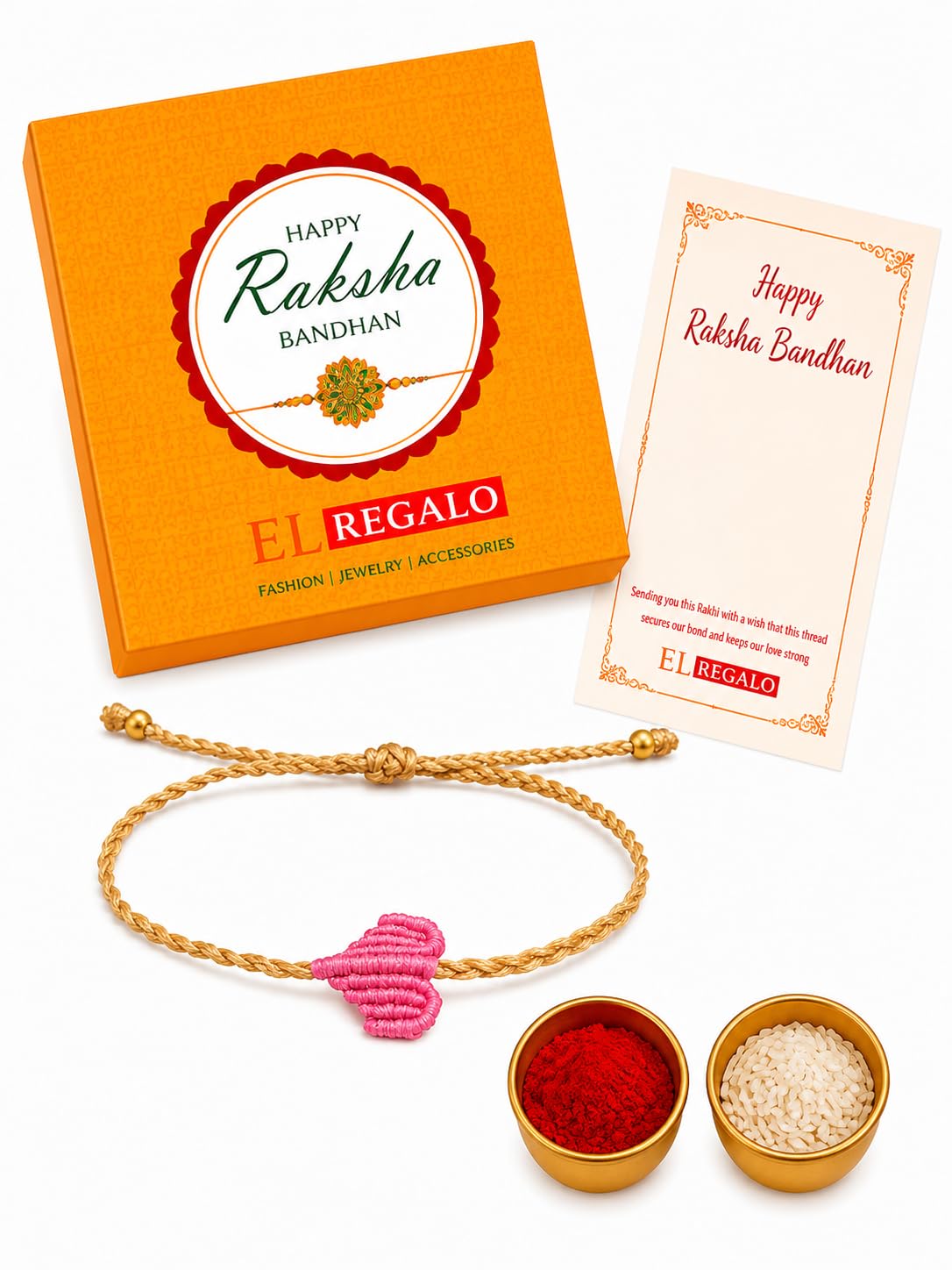 El Regalo Simple Heart Bracelet Rakhi for Brother - Handwoven Adjustable Macrame Rakhi with Roli Chawal | Minimalist Rakshabandhan Bracelet for Bhai in Elegant Rakshabandhan Box (Pink)