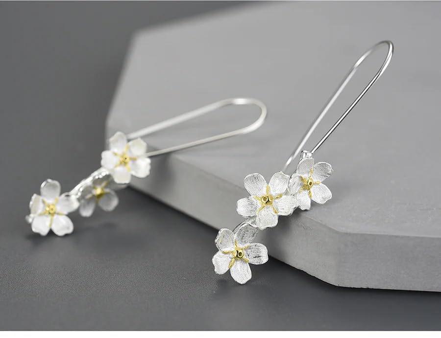 El Regalo Womens Cherry Blossom Cascade Silver Plated Jasmine Flowers Drop Hook Earrings - Elegant Triple Flower Long Drop Earrings with Gold-Plated Accents