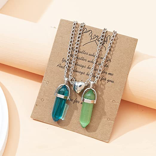 El Regalo 2Pcs/Set Crystal BFF Best Friend Magnetic Couple Matching Split Heart Pendant Necklaces for Besties/Couples - Valentines Day Gift (Green Shades) For Unisex Adult