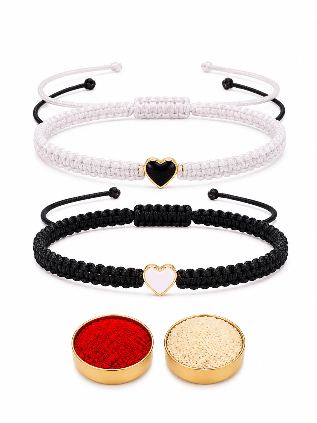 El Regalo 2PCs Minimalist & Elegant Heart Bracelet Rakhi Combo Set for Brother/Bhai/Bhaiya-Bhabhi with Roli-Chawal & Rakhi Gift Box - Handwoven, Beautifully Packaged (Black & White)