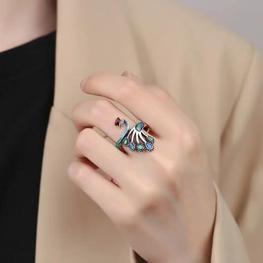 El Regalo Retro Peacock Ring- Beautiful & Colorful Peacock Finger Ring for Girls & Women (Style-3)