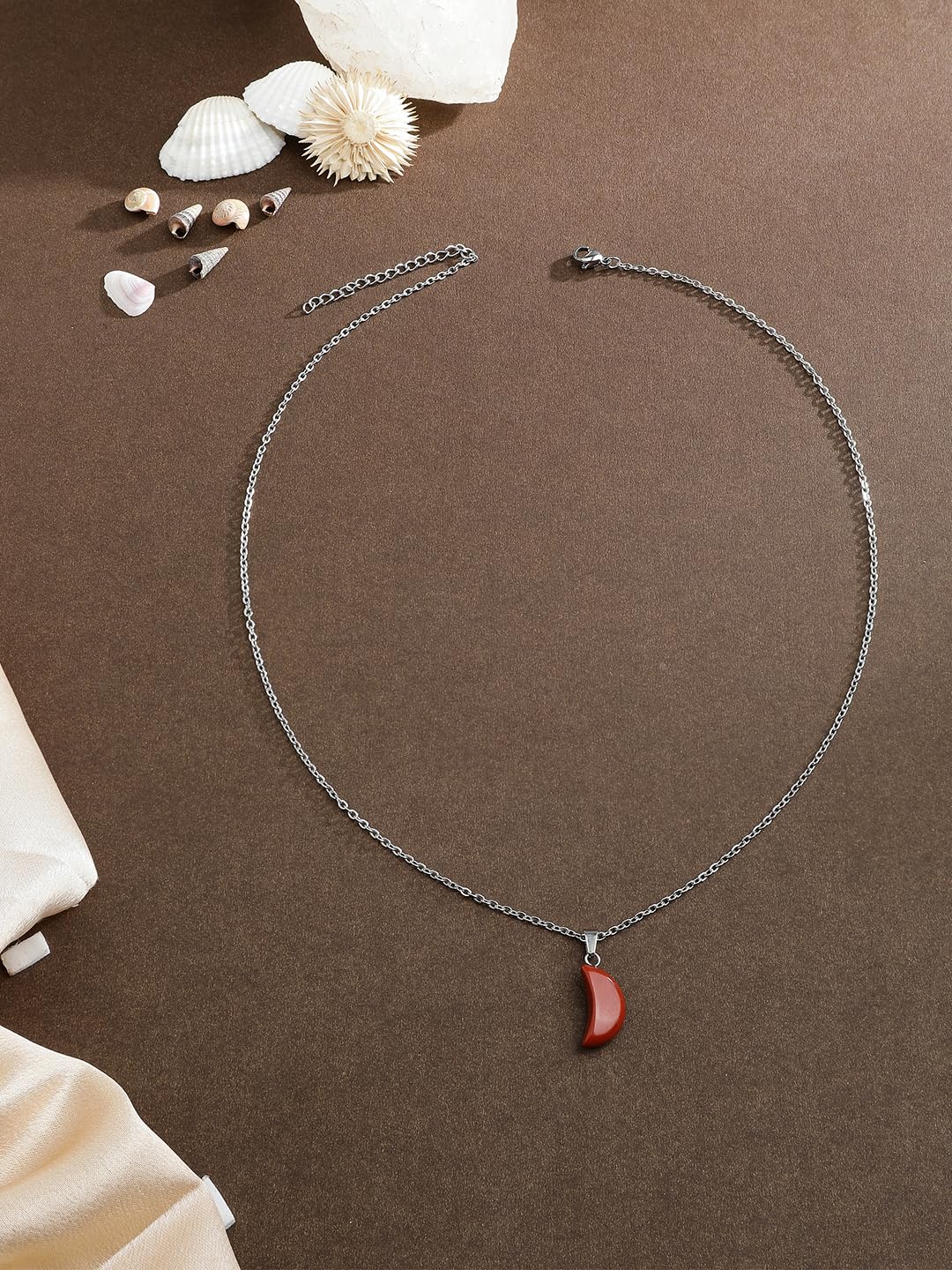 El Regalo Beautiful Agate Crescent Moon Pendant Necklace with Stainless Steel Chain for Girls & Women (Brick Red Moon)