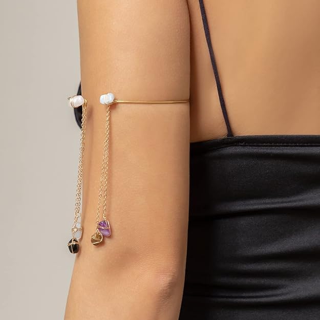 El Regalo Uniquely Handcrafted Gold Plated Arm Cuff Jewelry for Women/Girls - Armband Stone Pendant Bracelet Healing Stone Upper Armband Tassel Arm Bands Jewelry (Purple Stones)