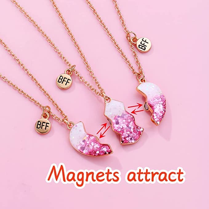 El Regalo 3 PCs BFF Best Friend Forever Split Heart Magnetic Matching Pendant Necklaces Set for Kids/Girls/Teens- Friendship Puzzle Necklaces Sets for Besties (Pink Sparkling Heart BFF)