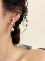 El Regalo Exquisite Champagne Leaf Pearl Drop Earrings for Women - Vintage Glossy Pearl Leaf Stud Earrings - Elegant Jewelry for Special Occasions