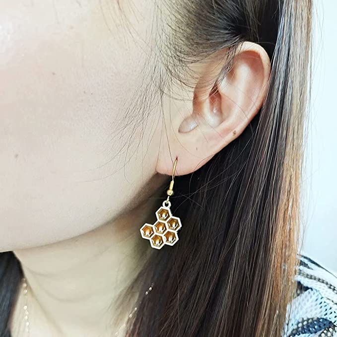 El Regalo Enamel Honeycomb Bee Earrings for Girls & Women - Geometric Hexagon Honeycomb Beehive Dangle Earrings (Honeycomb Earrings)