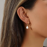 El Regalo Stainless Steel Pearl Drop Hoop Earrings for Women | Small Huggie Hoop Earrings with Pearl Pendant | Waterproof Anti Tarnish Modern Earrings for Girls | Minimalist Cute Jewelry (Gold)