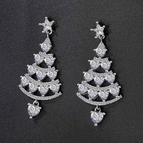 El Regalo CZ Dangling Christmas Tree Stud Earrings for Women & Girls- Rhinestone In-Laid Christmas Tree Dangle Earrings (Silver)