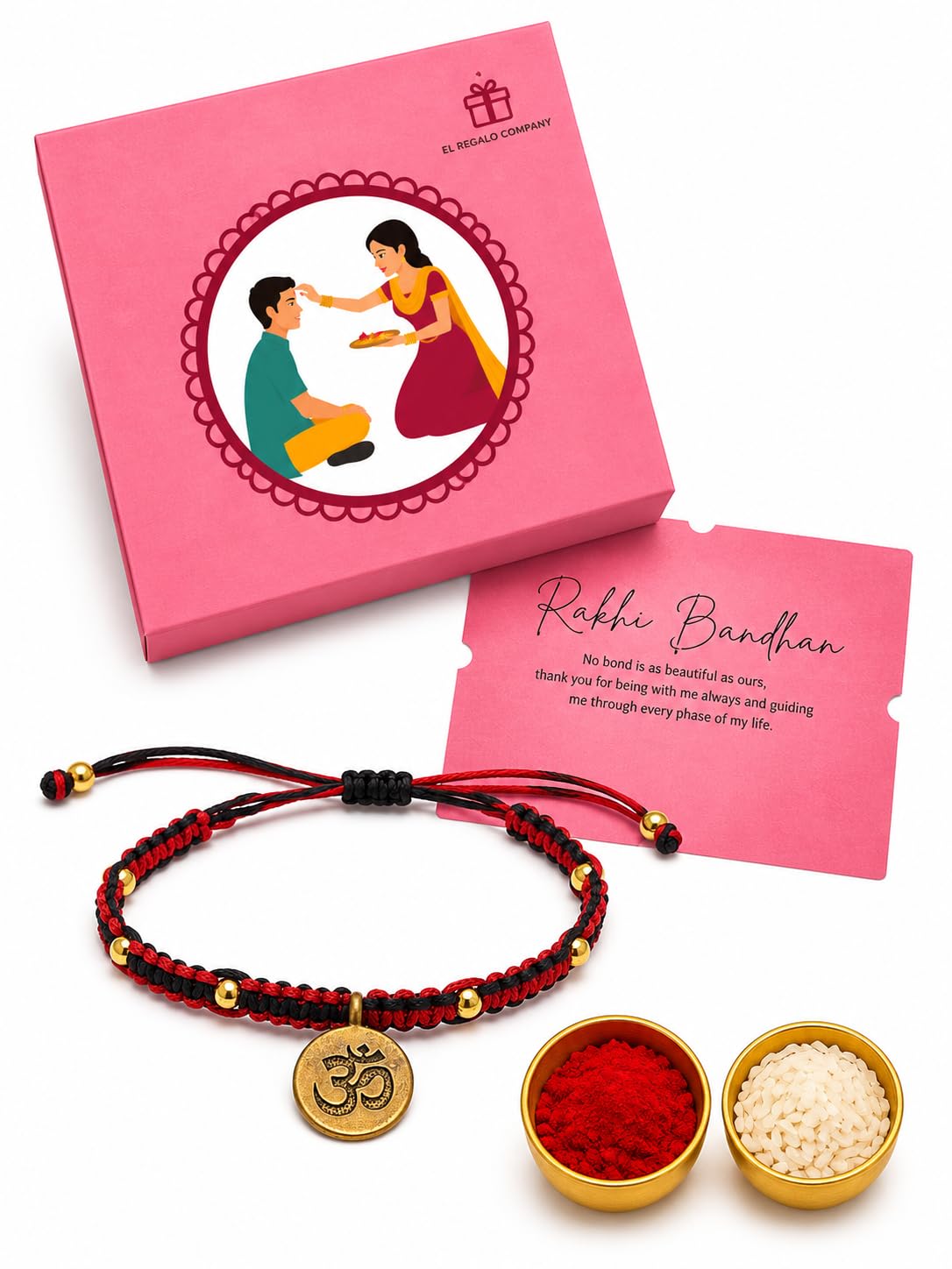 El Regalo Fancy & Traditional AUM/Shell Charm Rakhis for Brother | Elegant Auspicious Bracelet Rakhi for Bhai/Bhaiya with Roli Chawal in Gift Box (OM Rakhi - Red)