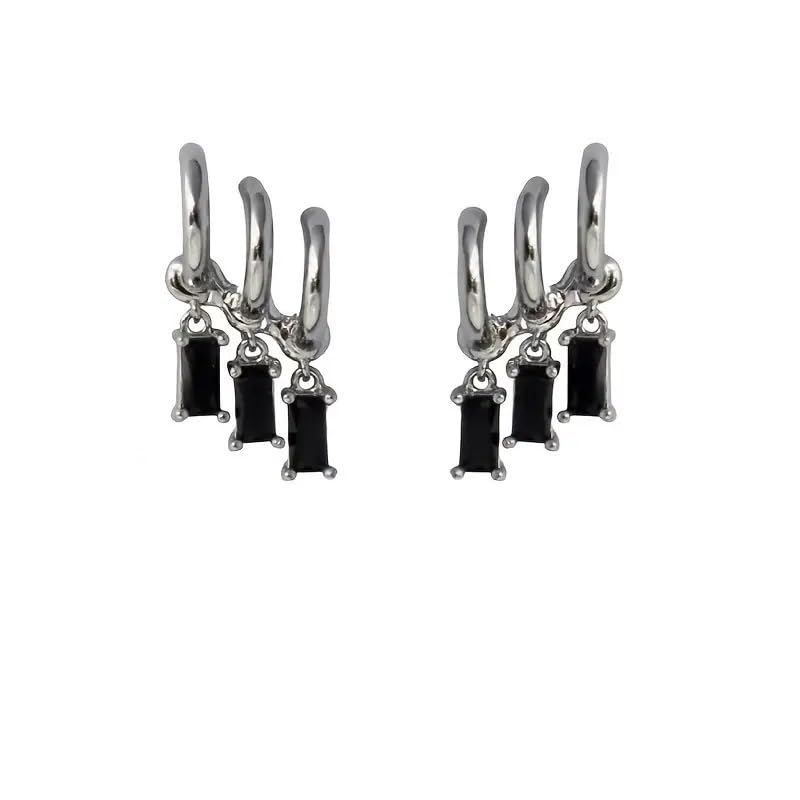 El Regalo Women's & Girl's Western Triple Ear Crawler Earrings- Triple Dangling Baguette Stone Earring- Exquisite Zircon Multilayer Earrings (Silver Black)