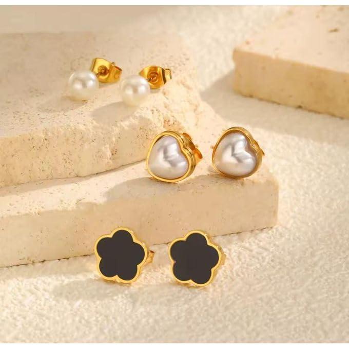 El Regalo Stainless Steel Stud Earrings Combo for Women & Girls | 18K Gold Plated Anti-Tarnish Cute Pearl, Black Flower, & Heart Western Earrings Set | Elegant Daily Wear Aesthetic Jewelry (Set of 3 Pairs)