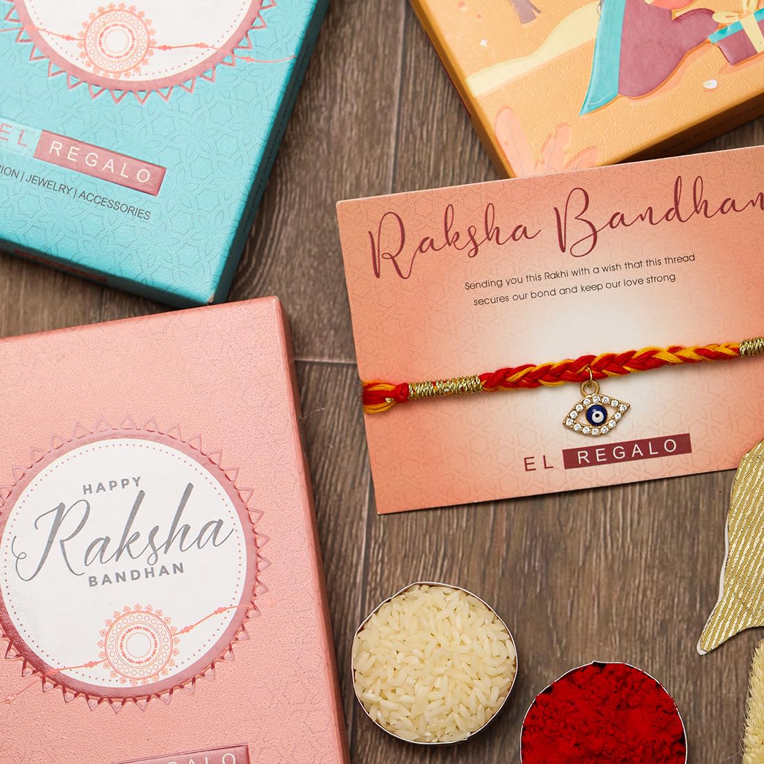 El Regalo 1 PC Moli Rakhi for Bhaiya - Rakshabandhan Moli Charms Rakhi with Message Card & Roli Chawal Shagun in Rakhi Box (Evil Eye Moli Rakhi-3)