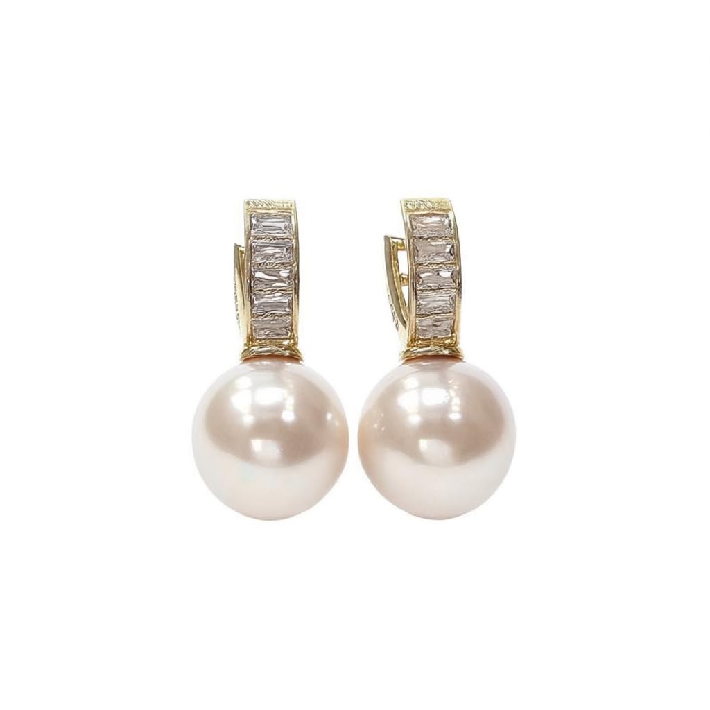 El Regalo Premium Inlaid CZ Pearl Hoop Earrings for Women & Girls | Elegant Korean Style Pearl Drop Huggie Earrings | Party, Wedding & Daily and Office Jewelry (White)