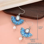 El Regalo Vintage Boho Lotus Flower Dangle Earrings for Women - Blue Enamel Fan-Shaped Drop Earrings with Iridescent Moonstone Center & Crystal Drip - Ethnic Gypsy Style Jewelry