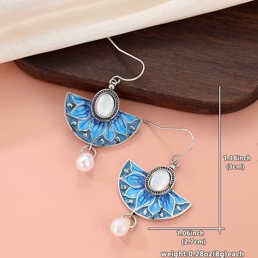 El Regalo Vintage Boho Lotus Flower Dangle Earrings for Women - Blue Enamel Fan-Shaped Drop Earrings with Iridescent Moonstone Center & Crystal Drip - Ethnic Gypsy Style Jewelry