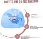 El Regalo Waterproof Swim Cap for Kids Boys Girls, Cute Cartoon PU/Silicone No-Slip Swimming Bathing Cap for Children Long Short Hair, Non-Toxic,Flexible Swim Caps Hat (Blue Shark)