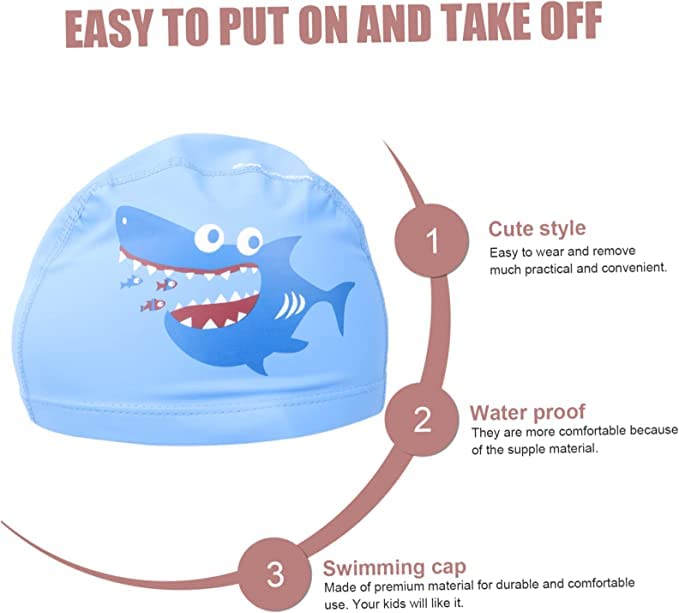 El Regalo Waterproof Swim Cap for Kids Boys Girls, Cute Cartoon PU/Silicone No-Slip Swimming Bathing Cap for Children Long Short Hair, Non-Toxic,Flexible Swim Caps Hat (Blue Shark)