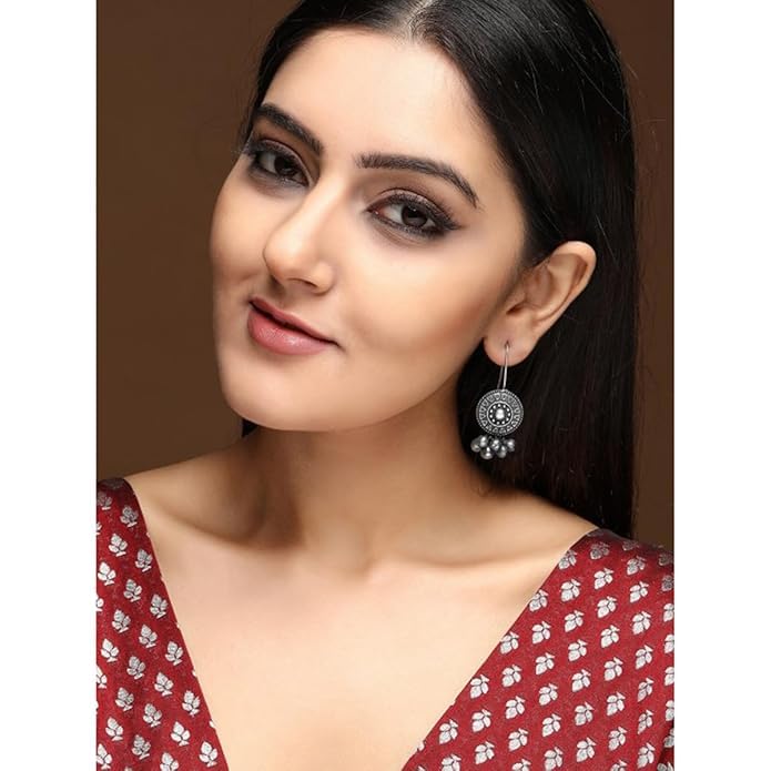 El Regalo Silver Lookalike Brass Oxidized Hook Earrings with Ghungroo for Women/Girls- Ethnic Traditional Earrings