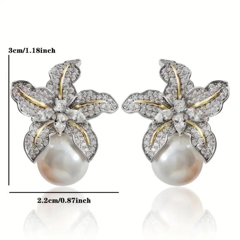 El Regalo Womens Gorgeous Flower Imitation Pearl Earrings- Vintage, Elegant Flower Pearl Inlaid Sparkling CZ Stone Fashion Wedding Jewelry