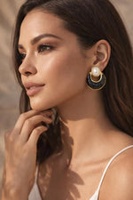 El Regalo Elegant Stainless Steel Pearl Stud Earrings for Women | 18K Gold Plated Vintage Oil Drip Enamel C-Hoop Studs | Anti-Tarnish Boho Western Jewellery (Black)