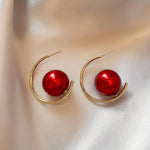 El Regalo Western Pearl Earrings- Delicate Glossy C Shaped Pearl Hoop Earring- Elegant Vintage Style Earrings for Girls & Women (Red Pearl)