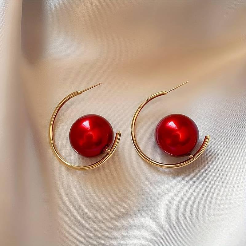 El Regalo Western Pearl Earrings- Delicate Glossy C Shaped Pearl Hoop Earring- Elegant Vintage Style Earrings for Girls & Women (Red Pearl)