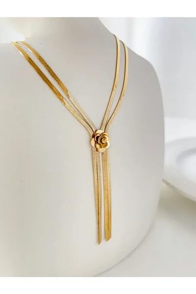 El Regalo 2-Strand Flat Snake Chain with Camellia Flower- Stainless Steel Herringbone Flower Tassel 2 Layered Chain Necklace