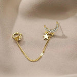 El Regalo 1 Pair CZ Moon Star Chain Cuff, Ear Clips, Ear Wraps Earrings- Crystal Crescent, Northstar Stud Earrings for Women/Girls