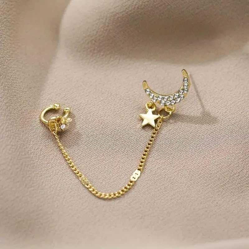El Regalo 1 Pair CZ Moon Star Chain Cuff, Ear Clips, Ear Wraps Earrings- Crystal Crescent, Northstar Stud Earrings for Women/Girls