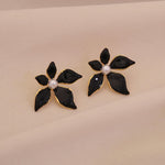 El Regalo 1Pair Stainless Steel Flower Pearl Earrings for Girls & Women | Gold Plated Retro Vintage Floral Enamel Stud Earrings | Anti-Tarnish Hypoallergenic Earrings | Cute & Elegant Studs (Black)