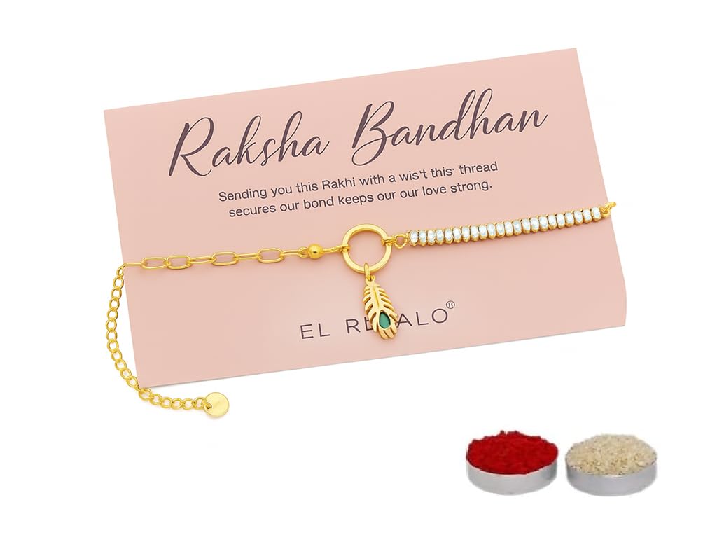 El Regalo 1PC Luxury Krishna Feather Tannis Bracelet Rakhi for Brother or Bhabhi- Elegant Feather CZ Rakhi with Roli Chawal, Message Card in Rakshabandhan Box