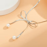 El Regalo Stainless Steel Bow Tie Pearl Necklace- Anti Tarnish, Waterproof, Minimalist, Statement Bow Choker Ribbon Necklace for Girls & Women (Bow Tie Pearl Tassel)
